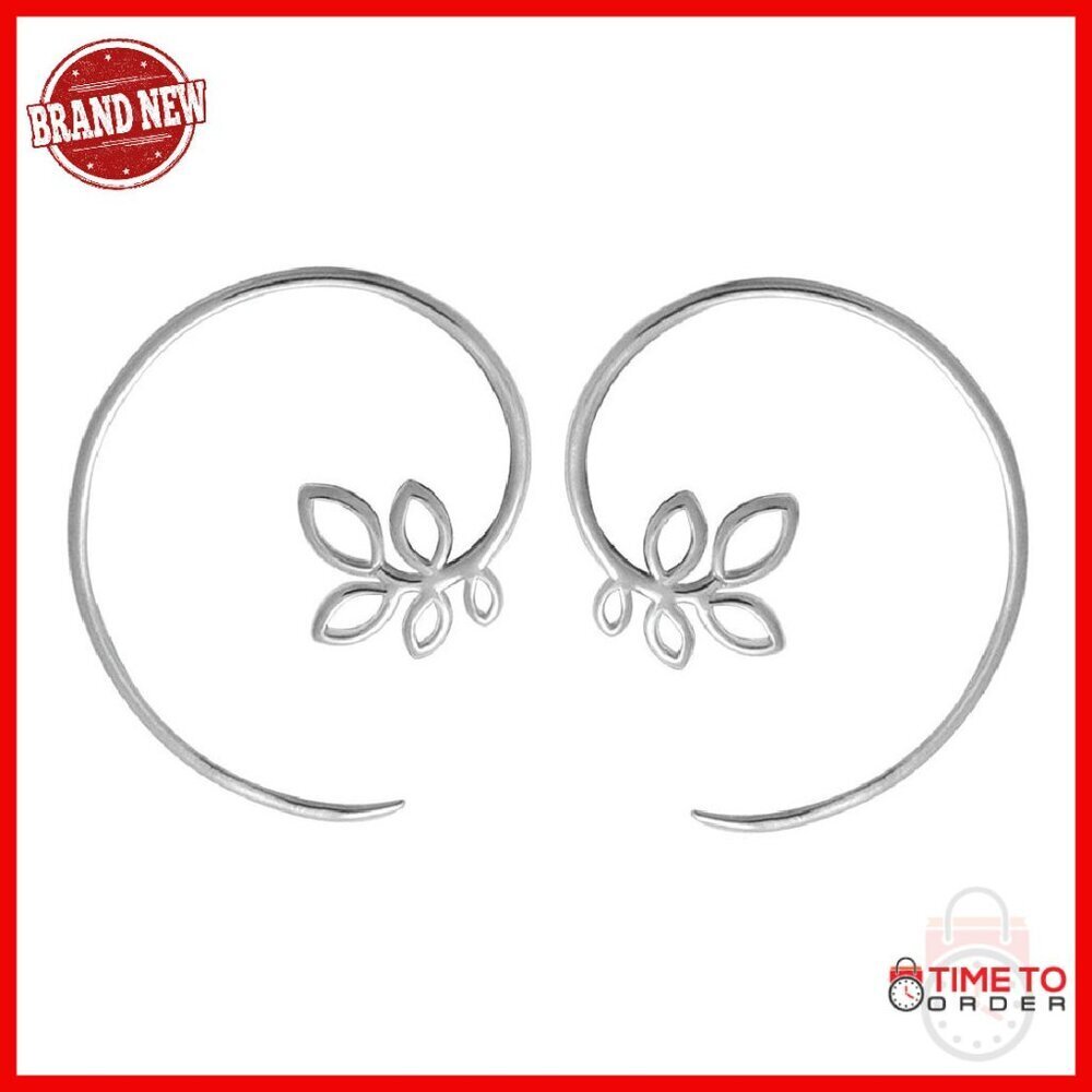 Sterling Silver Leaf Pull Through Hoop Earrings Hypoallergenic